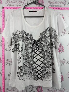 MXM tshirt corset bustier lace up White Short Sleeve Tee with Black Lace Print